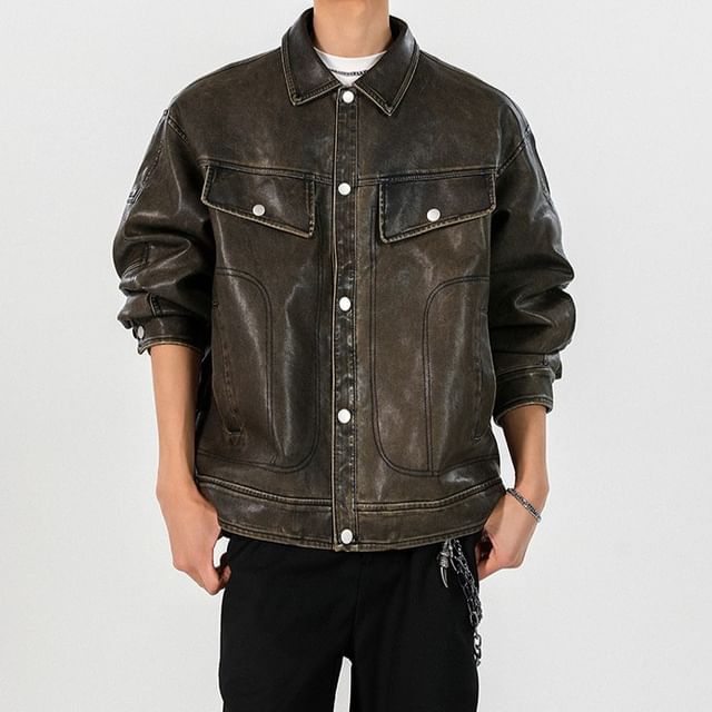 Omozando-Plain Faux Leather Zip Jacket