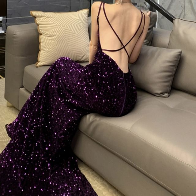 JIYON-Spaghetti Strap Open Back Sequin Maxi Mermaid Dress