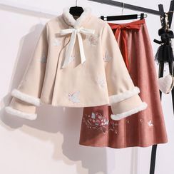 RIMIA - Set: Fluffy Trim Embroidered Bow Jacket + Midi A-Line Skirt
