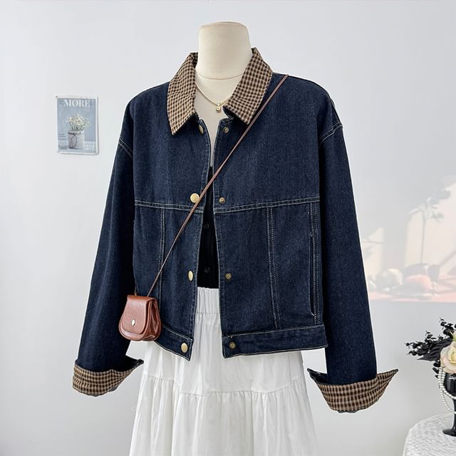 Lemongrass-Plaid-Trim Denim Jacket