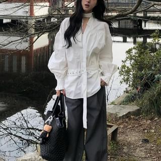 Moon City-Puff-Sleeve Plain Buckled Shirt