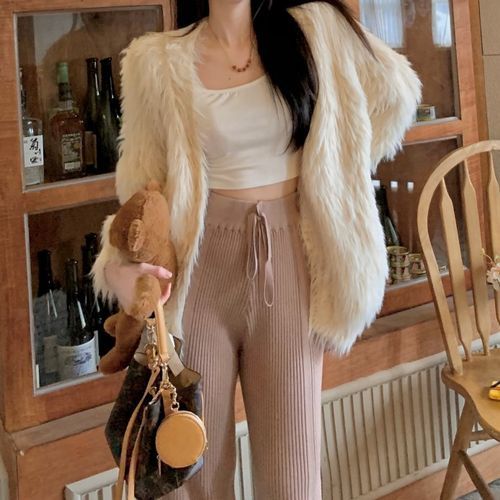 Beem - Plain Fluffy Jacket / Plain Fringe Knit Flared Pants