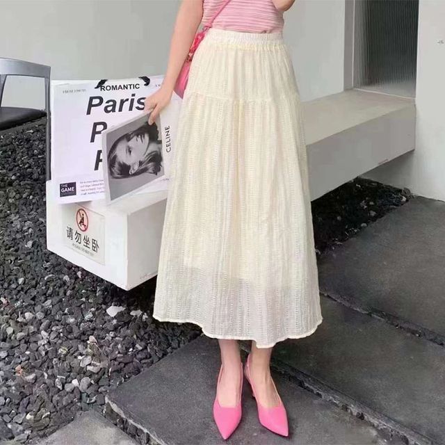 Everose-Elastic Waist Plain Midi A-Line Skirt