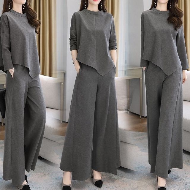 Lewwe-Set Long-Sleeve Round Neck Plain Asymmetrical Tee High Waist Wide Leg Pants