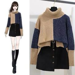 Gray House - Color Block Mock Neck Sweater / Asymmetric Buttoned A-Line Mini Skirt / Set Gray House - Color Block Mock Neck Sweater / Asymmetric Buttoned A-Line Mini Skirt / Set