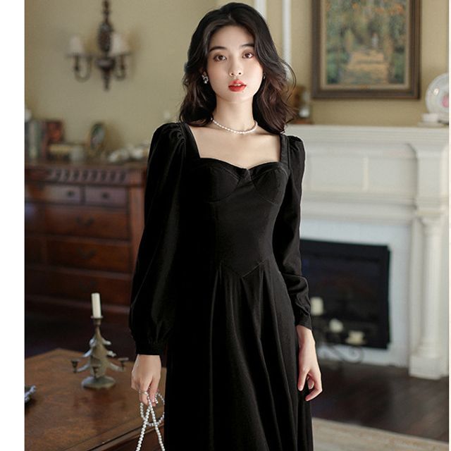 AMOS - Long-Sleeve Plain Midi A-Line Dress | YesStyle AMOS - Long-Sleeve Plain Midi A-Line Dress | YesStyle