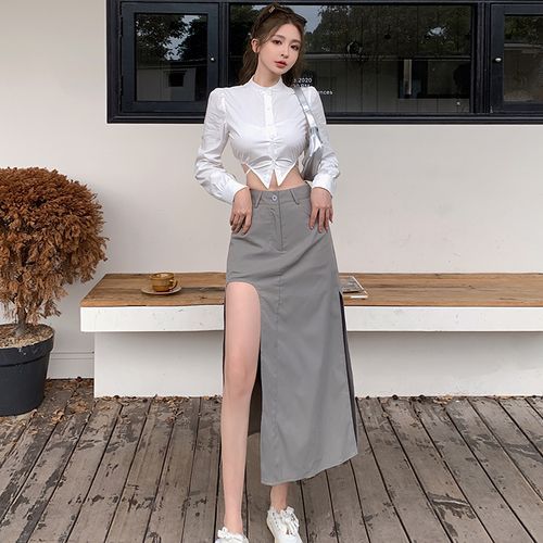 Long-Sleeve Band Collar Plain Tie Back Crop Shirt / High Rise Plain  Asymmetrical Slit Midi A-Line Skirt