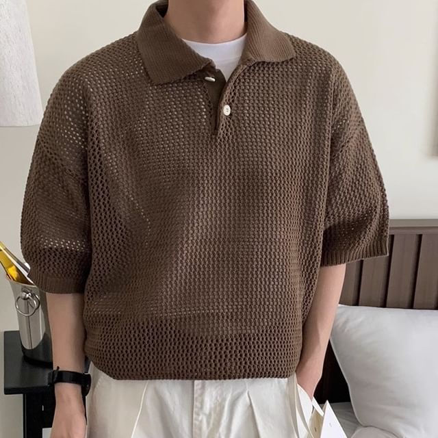 Omozando-Short-Sleeve Plain Knit Polo Shirt