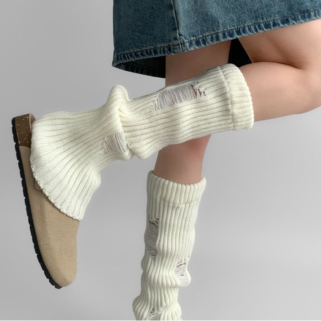 Desperim-Plain Distressed Ribbed Knit Leg Warmers