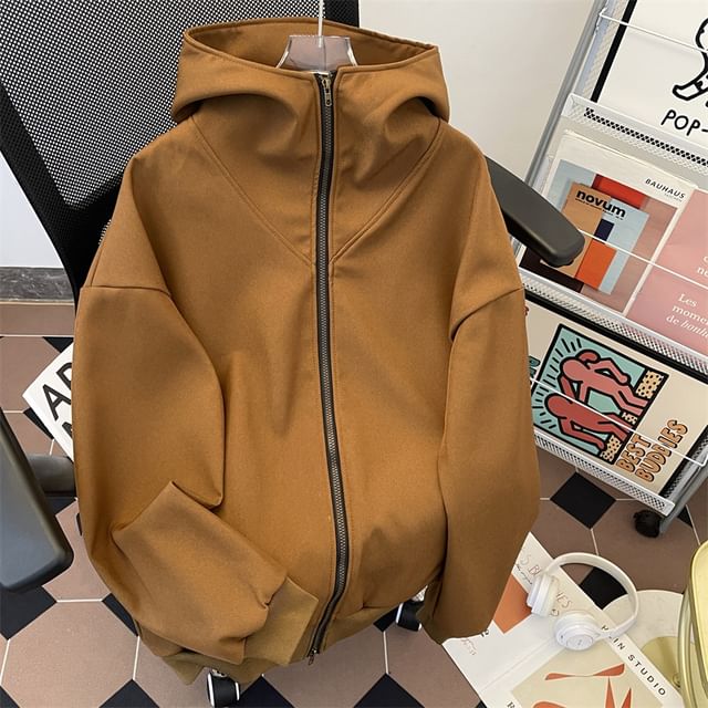 Plummie-Drop Shoulder Hooded Plain Zip Up Jacket