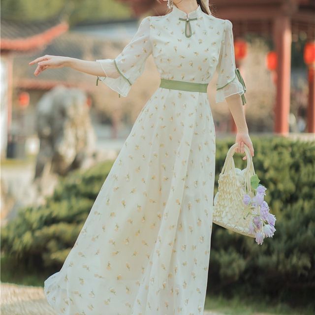 Cocaliso - Elbow-Sleeve Mandarin Collar Floral Maxi A-Line Dress | YesStyle