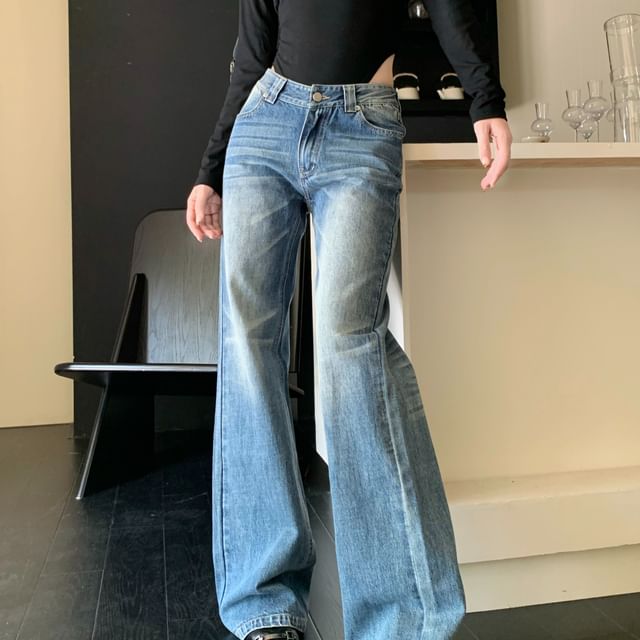 Porstina-Mid Rise Washed Flared Jeans