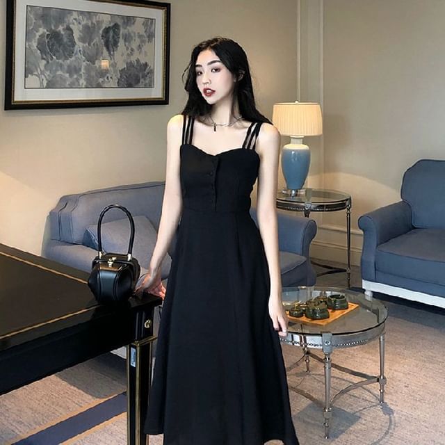 Dovitade-Spaghetti Strap Half-Buttoned Plain Midi A-Line Dress