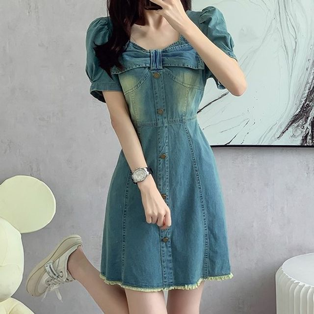 HW Studio - Short-Sleeve V-Neck Button-Up Denim Mini A-Line Dress