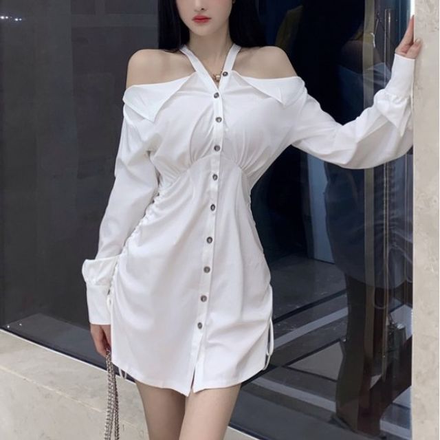 Dinse Long-Sleeve Cold Shoulder Plain Ruched Mini A-Line Shirt