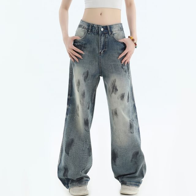 INStudio-High Waist Washed Wide Leg Jeans