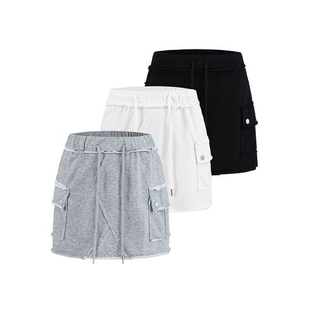 Ulark-Drawstring Waist Plain Mini Pencil Cargo Skirt