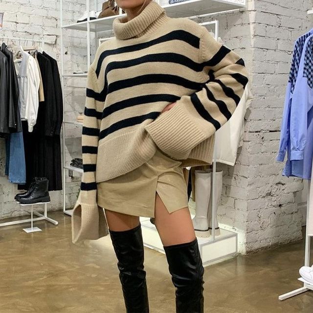 Emilyn - Turtle Neck Stripe Oversized Sweater