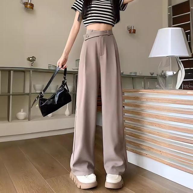 Dovitade-High Rise Plain Wide Leg Slacks