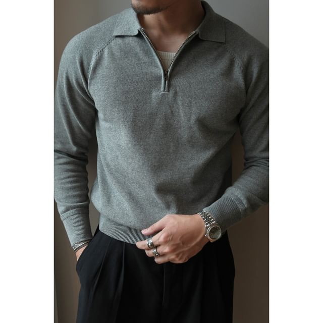 Urtishia-Plain Half-Zip Polo Sweater