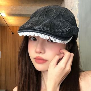 Sparktage-Lace Trim Washed Denim Flat Cap