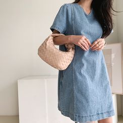 NANING9 - Short-Sleeve Denim Shift Dress NANING9 - Short-Sleeve Denim Shift Dress