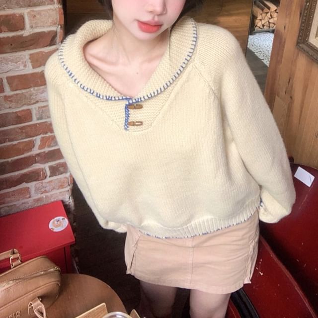 Beem-Shawl Collar Contrast Stitched Toggle Sweater