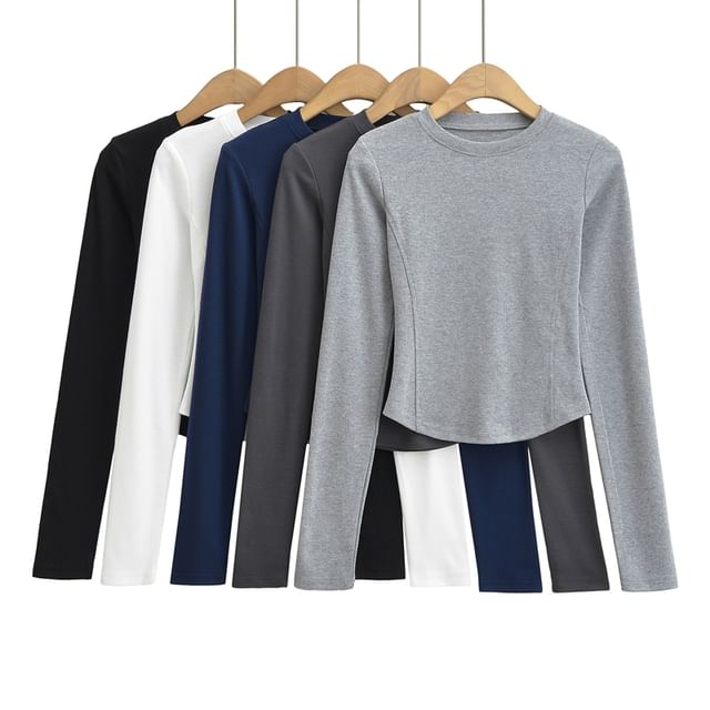 Ulark-Long-Sleeve Round Neck Plain Slim Fit Crop Tee