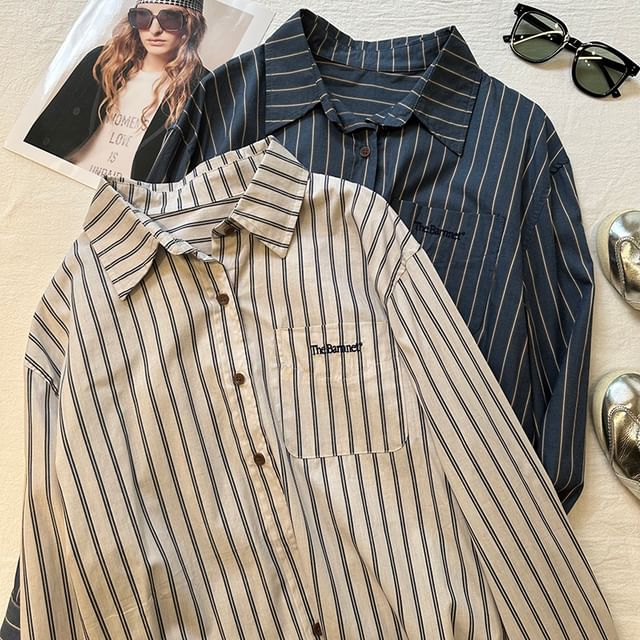 DIYI-Long Sleeve Collared Striped Shirt