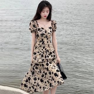 Shinobu Puff-Sleeve Floral Lace Trim Midi Sundress Sale