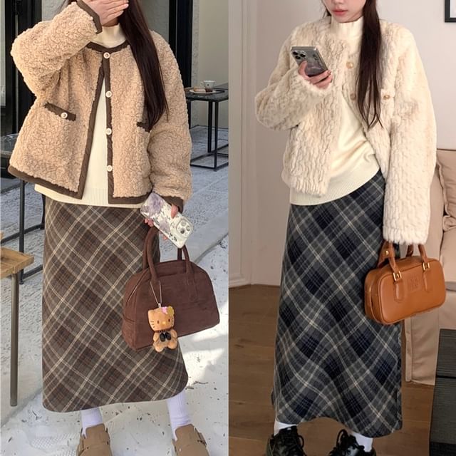 Closette-Plain Faux Shearling Jacket High Waist Plaid Maxi Pencil Skirt Belt Set