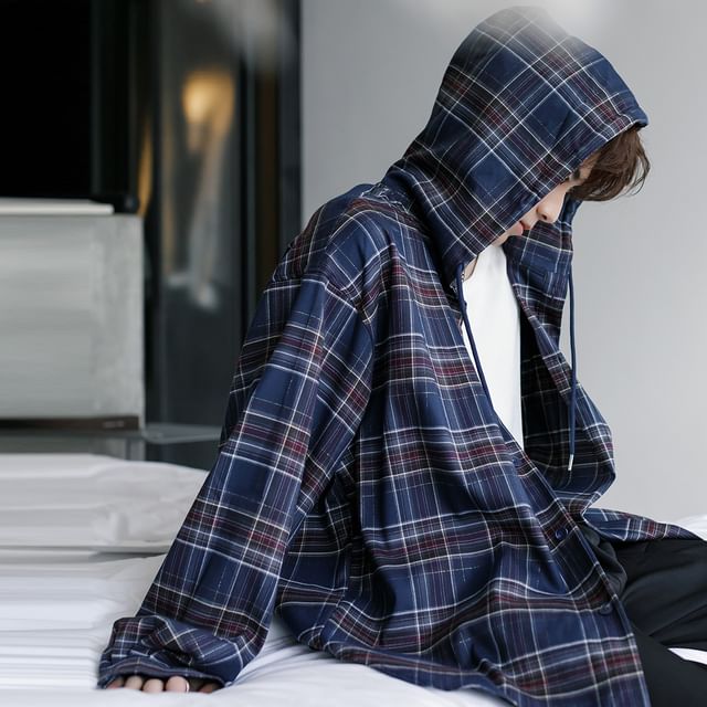 Savenne-Plaid Hooded Button-Up Jacket