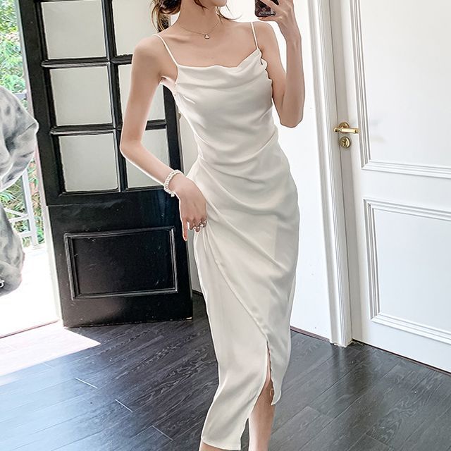white satin cowl neck midi dress Elynne White Satin Cowl Neck Midi Dress