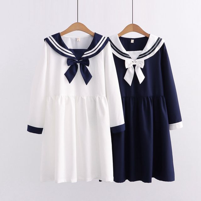 Angel Love - Long-Sleeve Sailor Collar Midi A-Line Dress | YesStyle