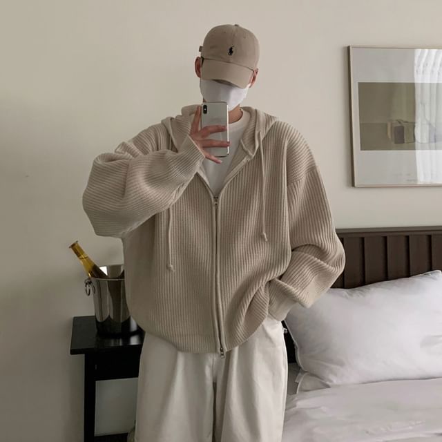 MRCYC-Plain Hood Ribbed Zip Cardigan