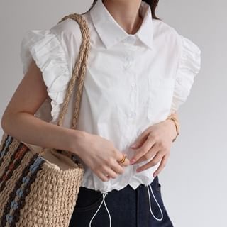 INEN-Ruffle Short-Sleeve Collared Plain Button Up Cropped Shirt