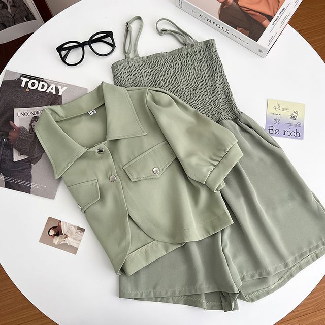 DIYI-Set Short-Sleeve Plain Crop Shacket Spaghetti Strap Ruched Wide Leg Romper