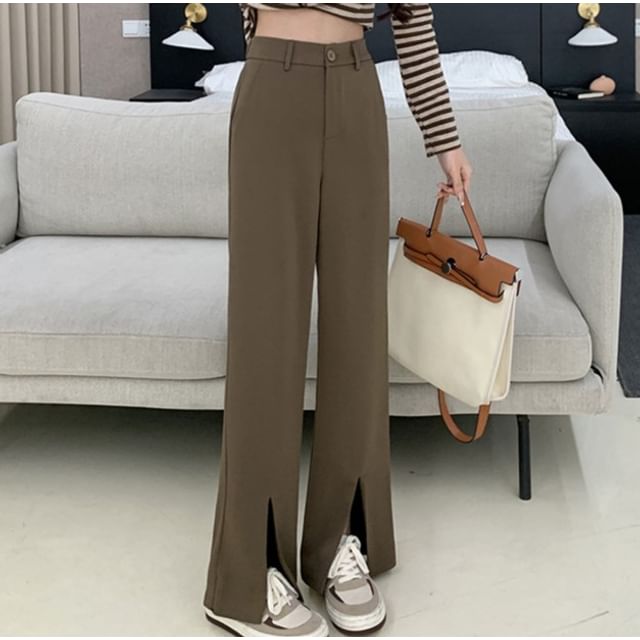 Leoom-High Waist Plain Slit Flared Slacks