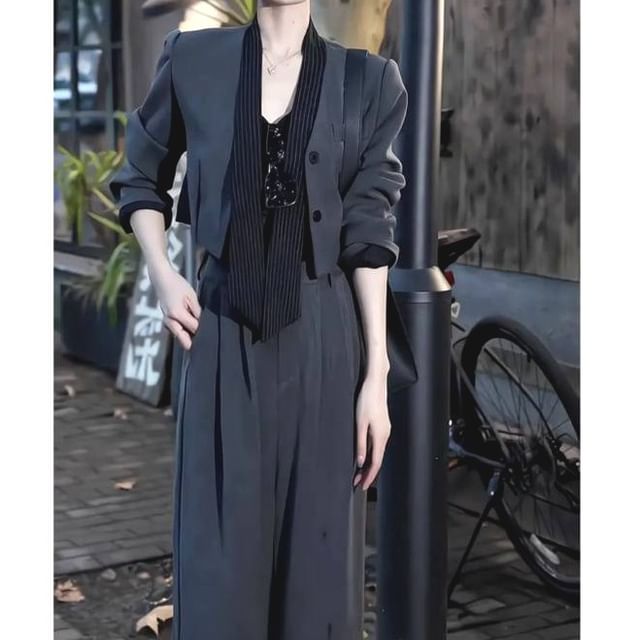 Lewwe-Set Button-Up Plain Blazer Wide Leg Slacks