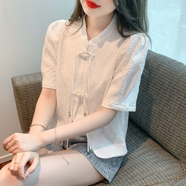 Daybreak - Short-Sleeve Mandarin Collar Plain Frog Closure