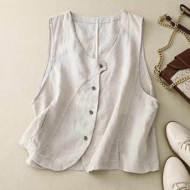 Supernova-Sleeveless Plain Button-Up Blouse