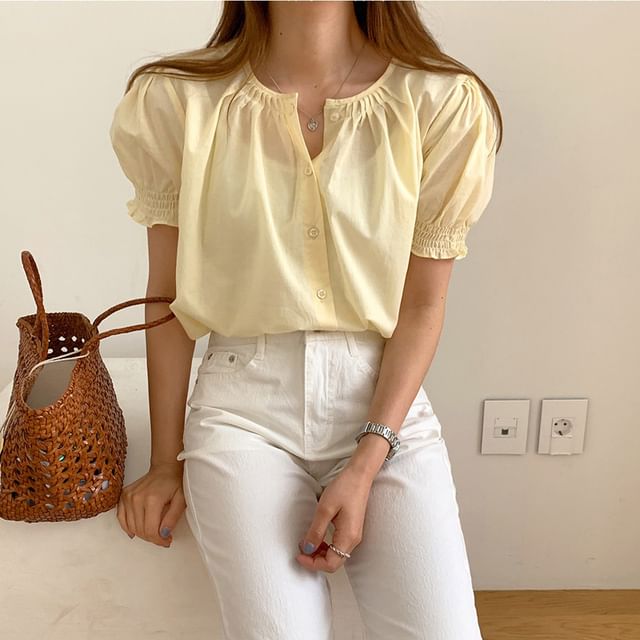 Everose-Short-Sleeve Notch Neck Plain Blouse