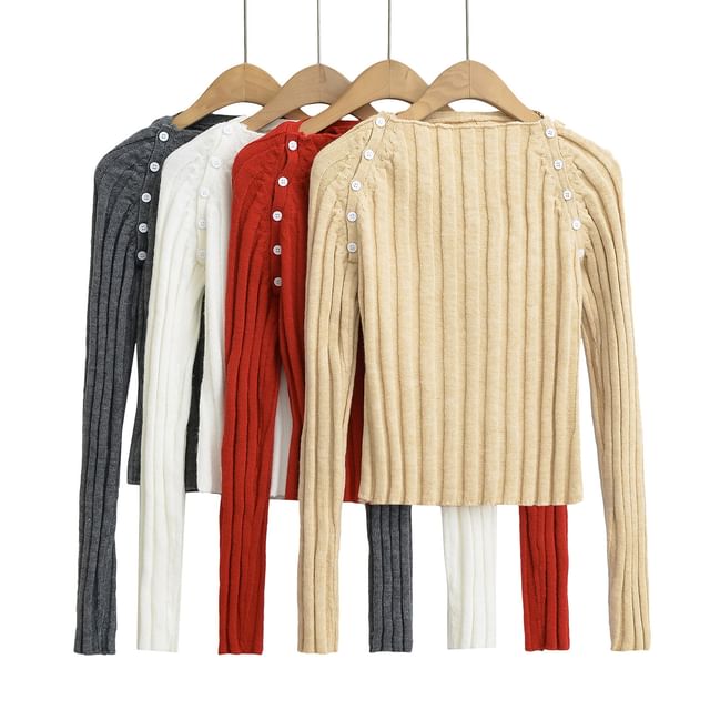 Asiris-Long-Sleeve Boat Neck Button Ribbed Knit Top