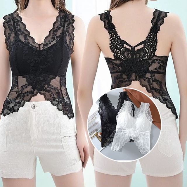 Wildery-V-Neck Padded Lace Crop Tank Top