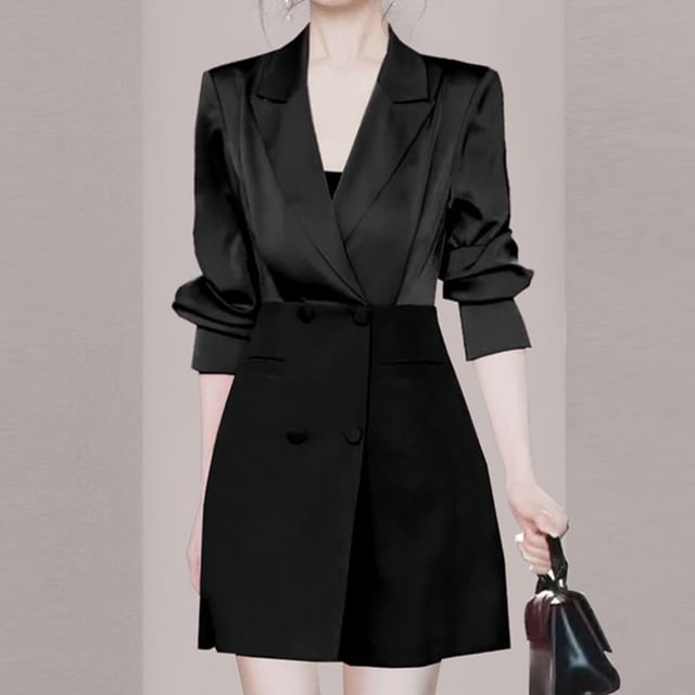 black satin blazer dress Black Satin Collar Fitted Blazer Mini Dress – AX Paris main image 1