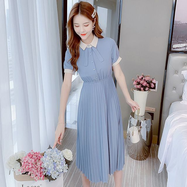 BEAUSY - Short-Sleeve Pleated Midi Dress | YesStyle