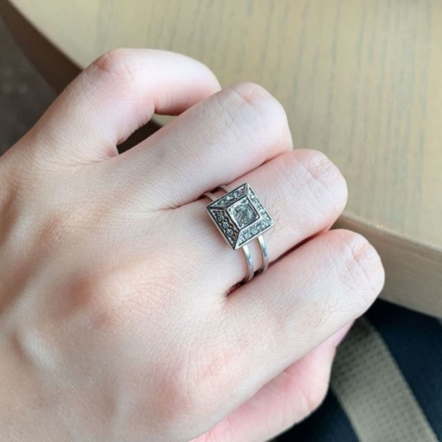 PANGU-Square Rhinestone Stainless Steel Open Ring