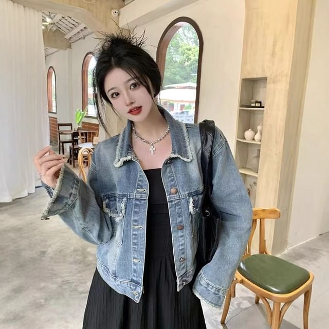 Lexama-Collared Washed Distressed Denim Button Down Jacket