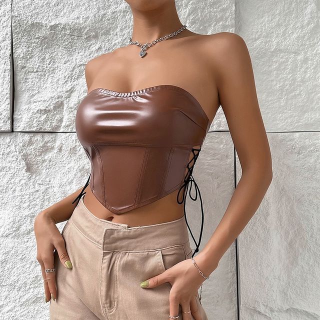 Horis Plain Asymmetrical Lace-Up Faux Leather Tube Top YesStyle