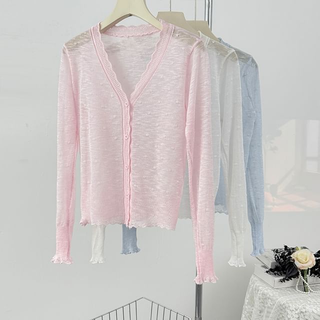 Lemongrass-V-Neck Dotted Sheer Cardigan